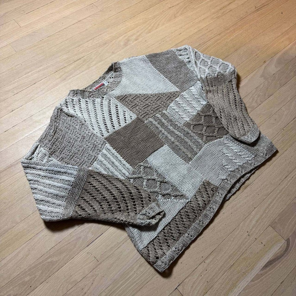 Vintage Mister Leonard Patchwork Cotton Sweater Cream Cable Knit Womens Small